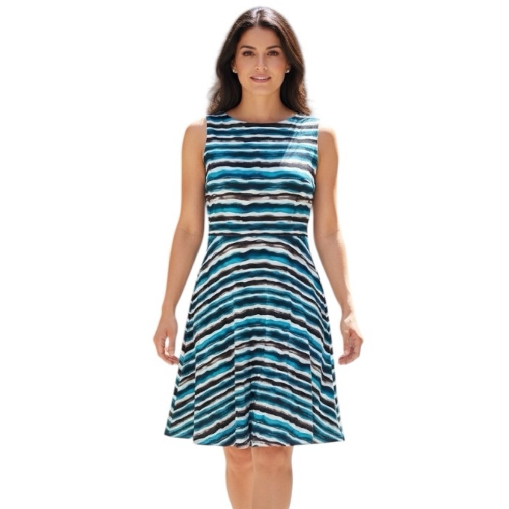 Evan Picone 10 Sleevless Fit & Flare Neutral Blue Brown Scoopneck Dress